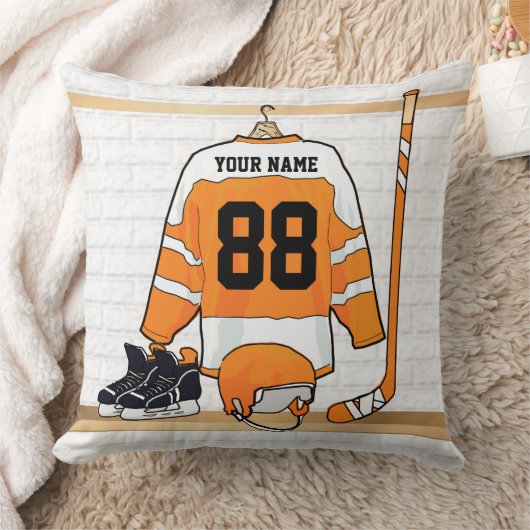 オレンジパーソナライズされたとホワイトアイスホッケージャージー クッション (ブランケット)