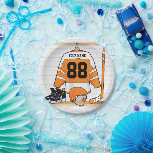 オレンジパーソナライズされたとホワイトアイスホッケージャージー ペーパープレート (パーティー)