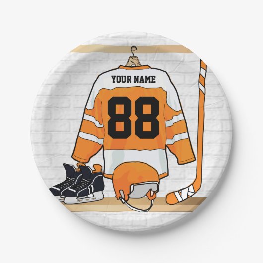 オレンジパーソナライズされたとホワイトアイスホッケージャージー ペーパープレート (正面)