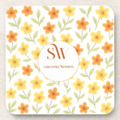 オレンジパーソナライズされたと黄色の花を持つフローラ コースター (正面)