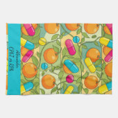 オレンジパーソナライズされたブルーピンクピル薬局 キッチンタオル (横)