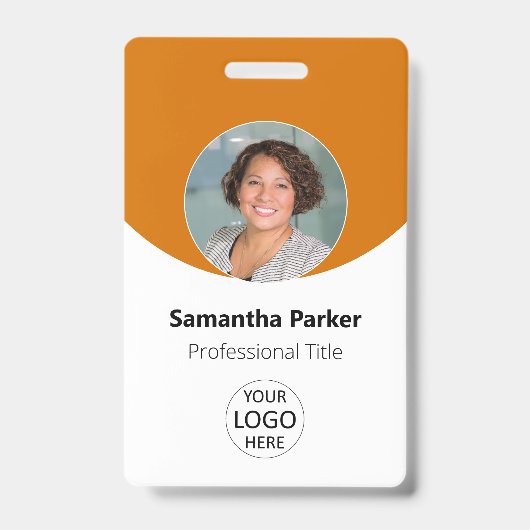 オレンジパーソナライズされた色の写真、ロゴ、バーコード従業員 バッジ (正面)