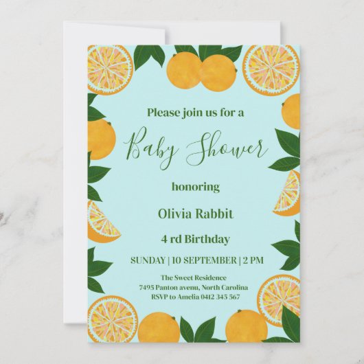 オレンジパーティーフルーツ新鮮な赤ちゃんシャワー 招待状 (正面)