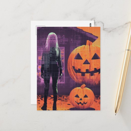 オレンジパープルハロウィーンの女性 ポストカード (正面/裏面インサイチュ)