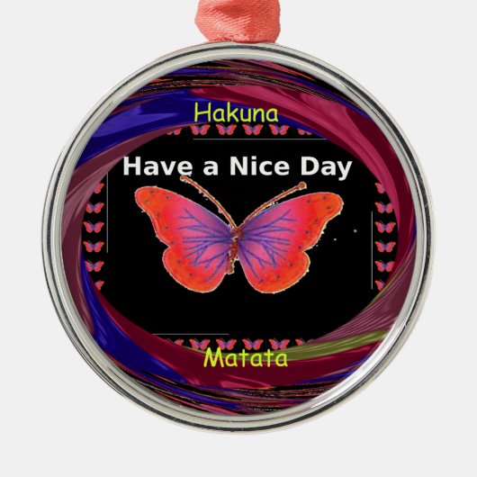 オレンジパープルバタフライナイスデイアートプリント メタルオーナメント (正面)