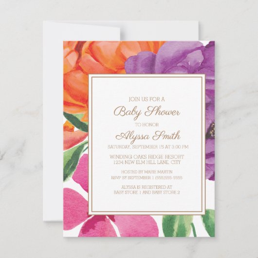 オレンジパープルピンクフローラ赤ちゃんシャワー 招待状 (正面)
