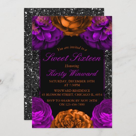 オレンジパープルフラワーズハロウィーンスイート16 招待状 (正面/裏面)