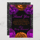 オレンジパープルフラワーズハロウィーン誕生パーティー サンキューカード (正面/裏面)