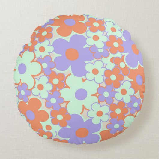 オレンジパープルブルーレトロY2K 70s花柄 ラウンドクッション (正面)
