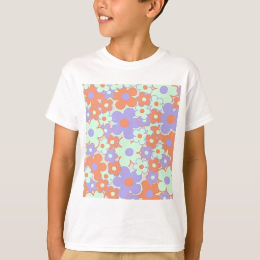 オレンジパープルブルーレトロY2K 70s花柄 Tシャツ (正面)