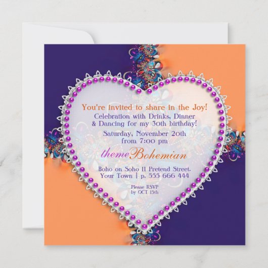 オレンジパープルボヘミアンヒッピーろうけつ染めディナーパーティー 招待状 (裏面)