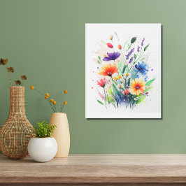 オレンジパープルレッドブルー水彩花 メタルプリント