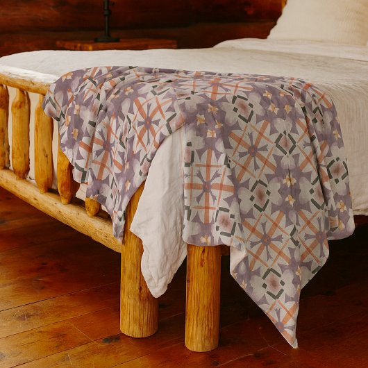 オレンジパープル先住民トライバルモザイクパターン フリースブランケット