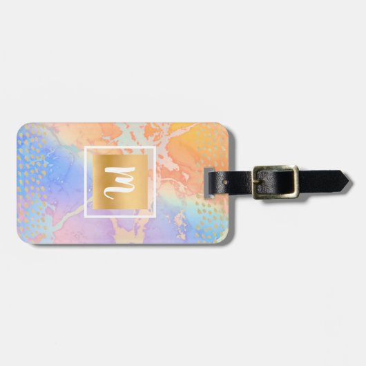 オレンジパープル金ゴールド抽象芸術水カラーモノグラム ラゲッジタグ (正面横)