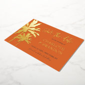 オレンジパームツリーズビーチ結婚式日付金ゴールドの保存 箔招待状 (回転した状態)