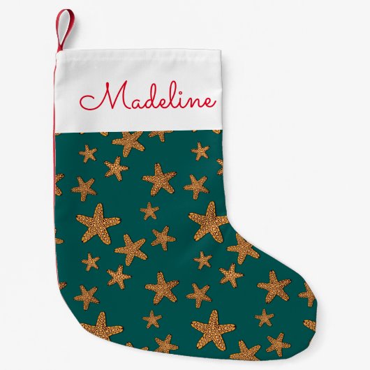 オレンジヒトデパターン|はあなたの名前を加えます スモールクリスマスストッキング (正面)