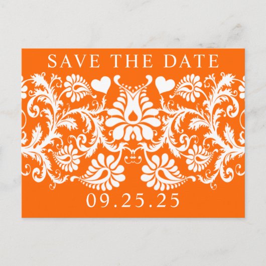 オレンジビクトリアンフローラダマスク日付の保存 案内ポストカード (正面)