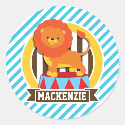 オレンジビッグトップサーカスライオン、ブルー&ホワイトストライプズ ラウンドシール (正面)