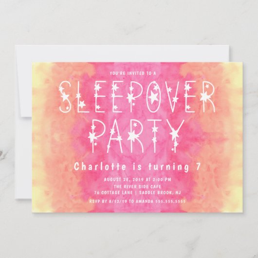 オレンジピンクの水彩画の星明かりの女の子のSleepover 招待状 (正面)