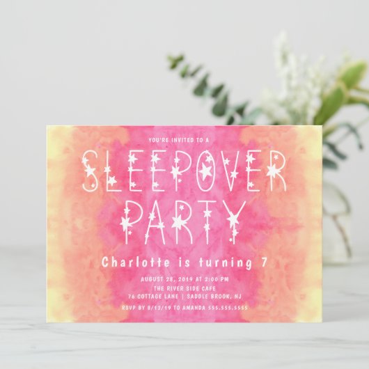 オレンジピンクの水彩画の星明かりの女の子のSleepover 招待状 (スタンド正面)