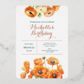 オレンジピンクガーデンフローラバースデーパーティーバラ金ゴールド 箔招待状 (正面)