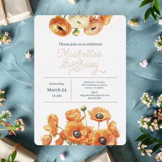 オレンジピンクガーデンフローラバースデーパーティーバラ金ゴールド 箔招待状