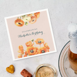 オレンジピンクガーデンフローラ誕生日パーティー スタンダードカクテルナプキン