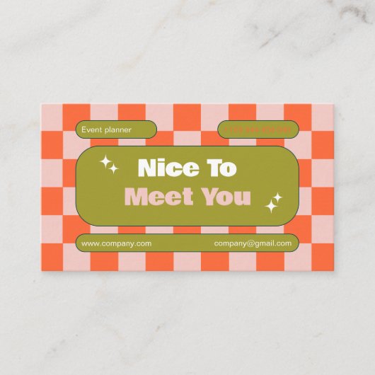 オレンジピンクグリーンレトロチェッカーボードボホ 名刺 (正面)
