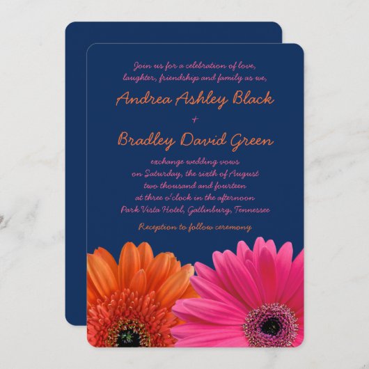 オレンジピンクゲルベラデイジーネイビー結婚式招待状 招待状 (正面/裏面)