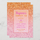 オレンジピンクサンセットグリッタースウィート16バースデーパーティー 招待状 (正面/裏面)