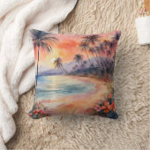 オレンジピンクサンセットトロピカルビーチパームツリーズ クッション (ブランケット)