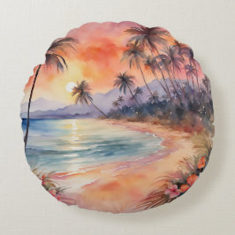 オレンジピンクサンセットトロピカルビーチパームツリーズ ラウンドクッション