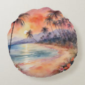 オレンジピンクサンセットトロピカルビーチパームツリーズ ラウンドクッション (裏面)