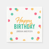 オレンジピンクティール(緑がかった色)紙吹雪ハッピーバースデー スタンダードカクテルナプキン (正面)