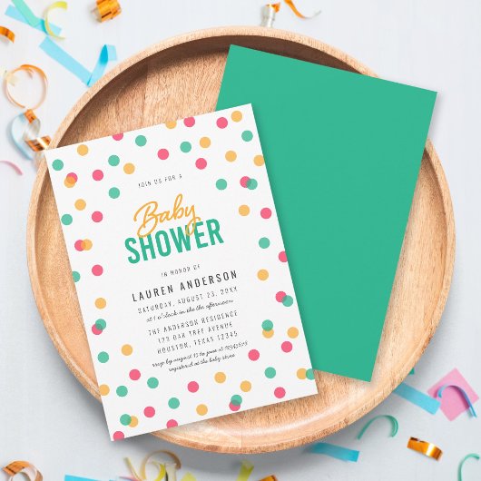 オレンジピンクティール(緑がかった色)紙吹雪ベビーシャワー 招待状