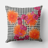 オレンジピンクフラワーズ白黒チェック装飾用クッション クッション (裏面)