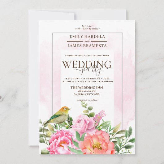 オレンジピンクフローラとバードウォーター結婚色 招待状 (正面)