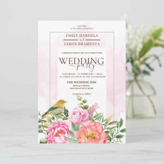 オレンジピンクフローラとバードウォーター結婚色 招待状 (スタンド正面)