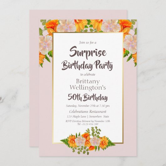 オレンジピンクフローラサプライズ50thバースデーパーティー 招待状 (正面/裏面)