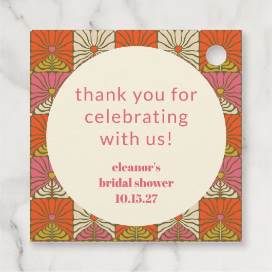 オレンジピンクフローラブライダルシャワーカスタムサンキュー フェイバータグ (裏面)