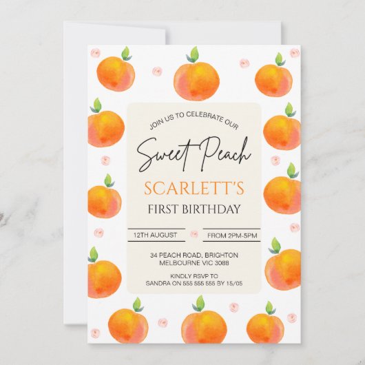 オレンジピンクフローラ私たちの甘い桃1st誕生日 招待状 (正面)
