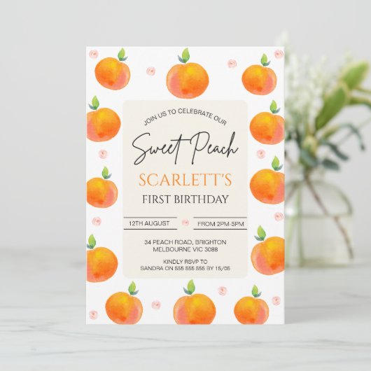 オレンジピンクフローラ私たちの甘い桃1st誕生日 招待状 (スタンド正面)