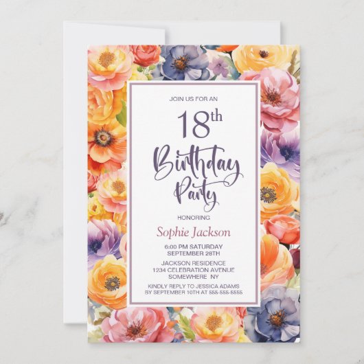オレンジピンクフローラ18th誕生日パーティー 招待状 (正面)
