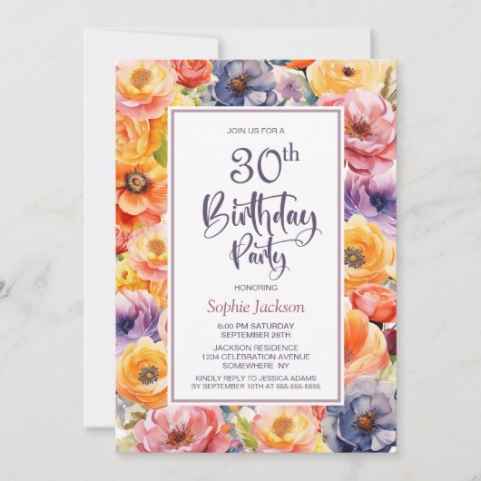 オレンジピンクフローラ30歳の誕生日パーティー 招待状 (正面)