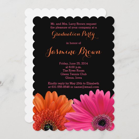 オレンジピンクブラックガーベラデイジー卒業パーティー 招待状 (正面/裏面)