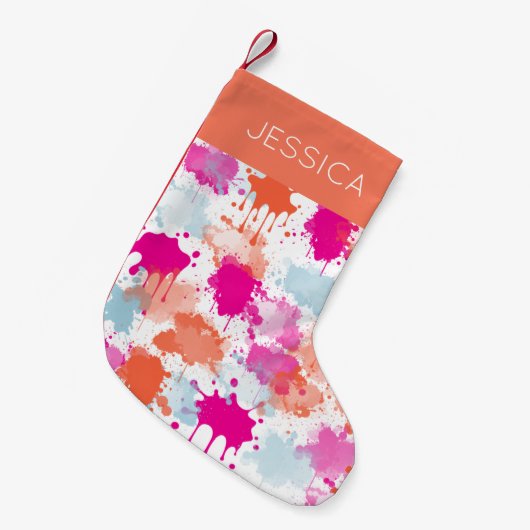 オレンジピンクブルーモダン抽象芸術絵を描スプラッシュ スモールクリスマスストッキング (正面 (吊り時))