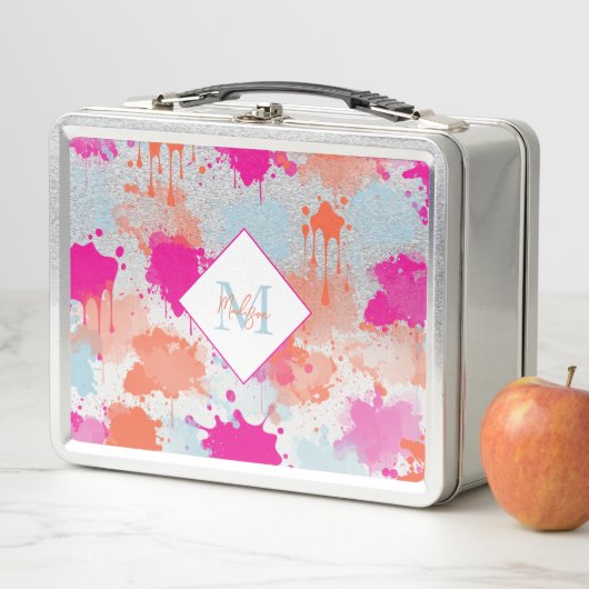 オレンジピンクブルーモダン抽象芸術絵を描スプラッシュ メタルランチボックス (インサイチュ)