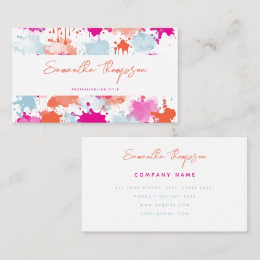 オレンジピンクブルーモダン抽象芸術絵を描スプラッシュ 名刺 (正面/裏面)