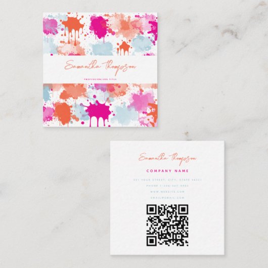オレンジピンクブルーモダン抽象芸術QRコード スクエア名刺 (正面/裏面)