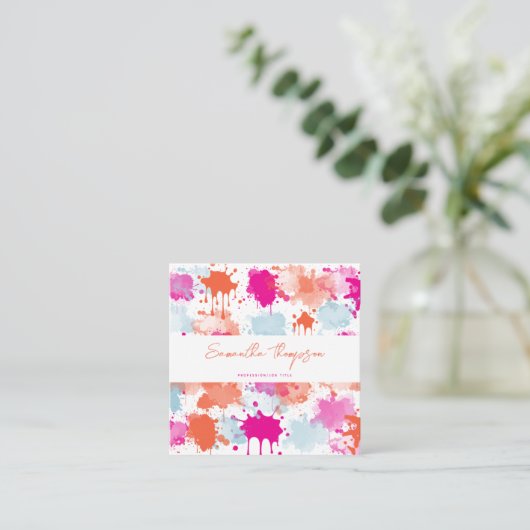 オレンジピンクブルーモダン抽象芸術QRコード スクエア名刺 (スタンド正面)